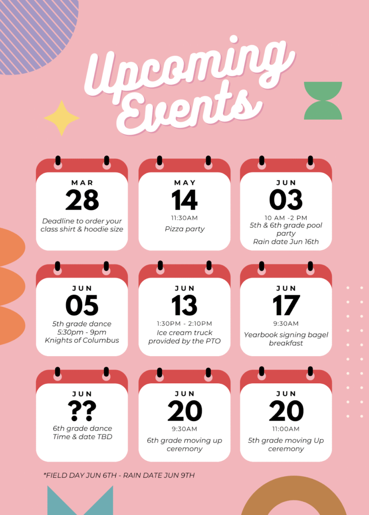 Calendar of upcoming important dates